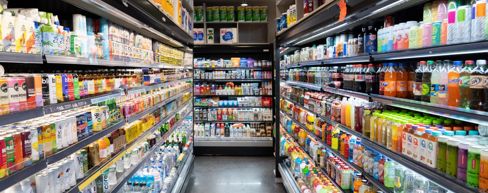 Drink aisle at Luminescence Market a block away from Malt Dr.