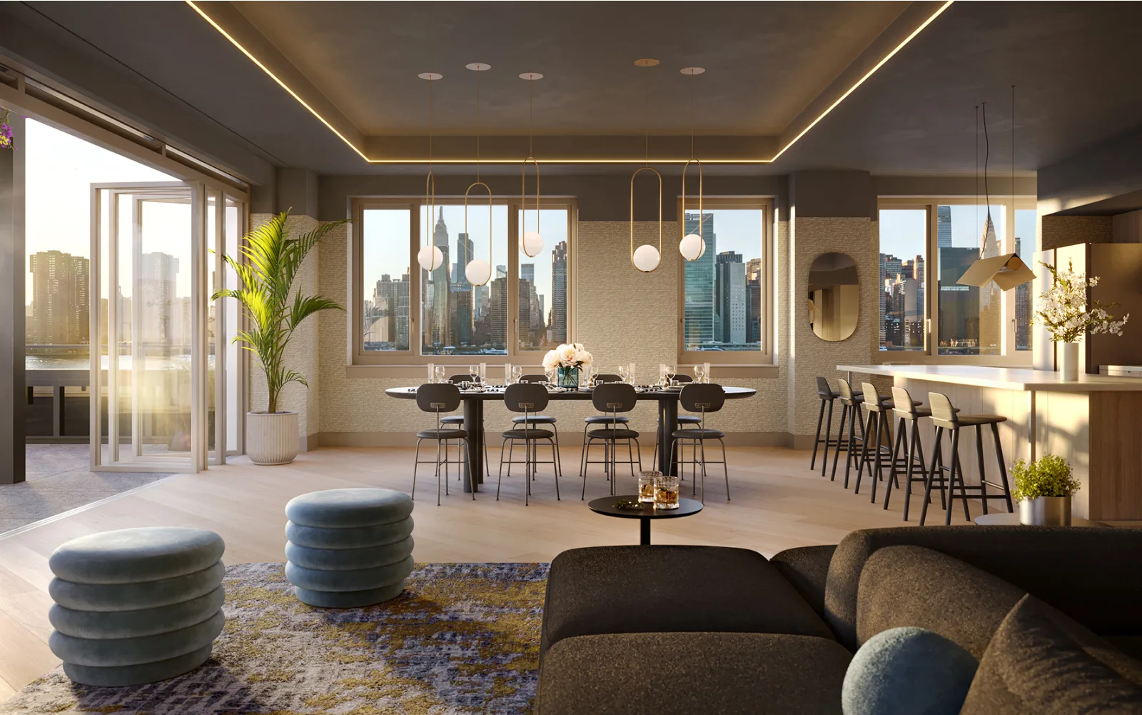 Indoor/outdoor roofdeck lounge with sweeping views of the midtown skyline.